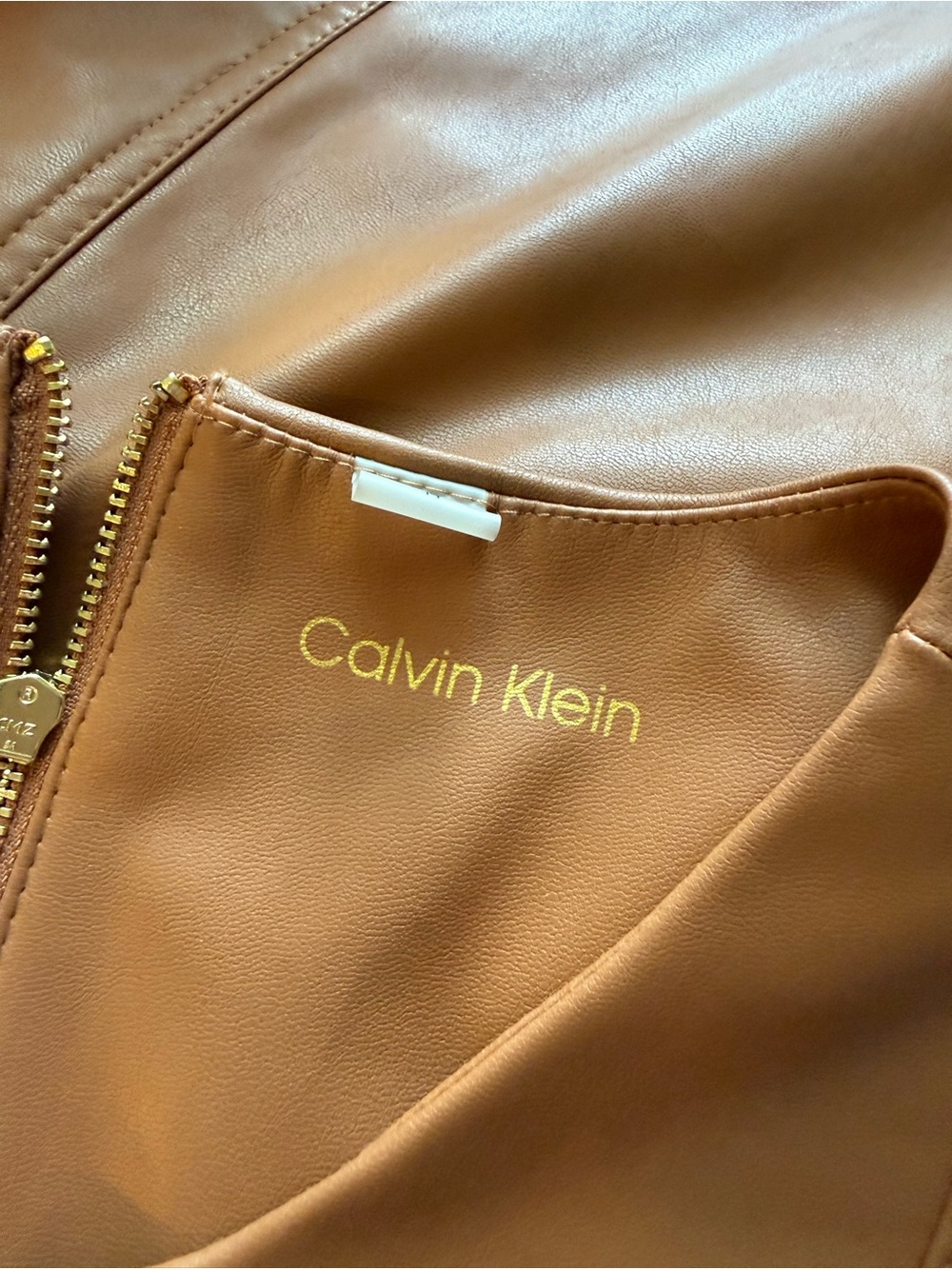 CALVIN KLEIN Sleeveless Faux Leather Dress Size 14 Camel Tan - Picture 12 of 15